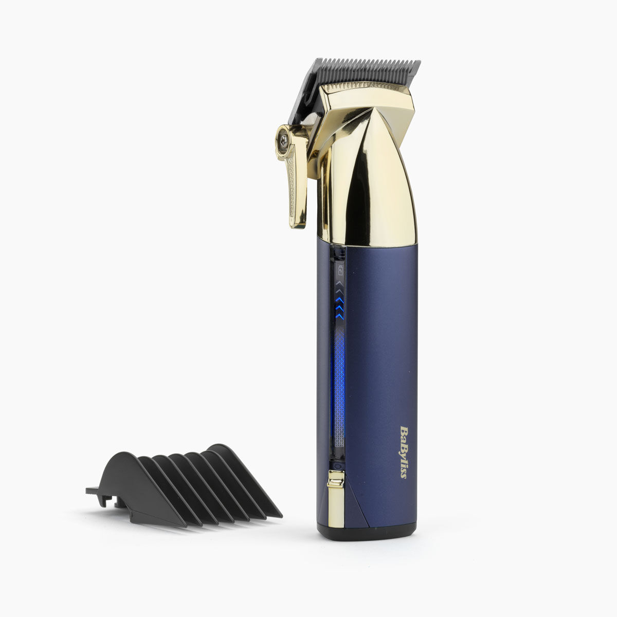 Super-X Metal Series Cordless Hair Clipper stood up with 1 comb guide